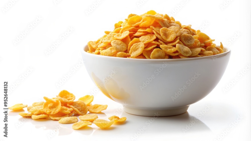 A solitary bowl of golden corn flakes stands isolated against a pure white background, delicately pouring out its crunchy contents in a gentle curve. A solitary bowl of golden corn flakes stands isolated against a pure white background, delicately pouring out its crunchy contents in a gentle curve.