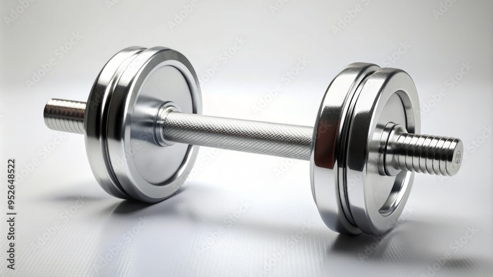 A solitary silver dumbbell stands upright on a clean, white background, its knurled handle and weighted ends visible from a directly overhead perspective. A solitary silver dumbbell stands upright on a clean, white background, its knurled handle and weighted ends visible from a directly overhead perspective.