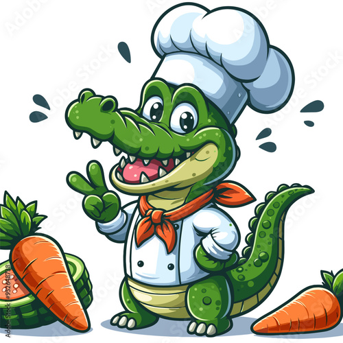 A cartoon crocodile chef is wearing a white hat and a red bandana. He is standing in front of a plate of food, which includes a carrot and a cucumber