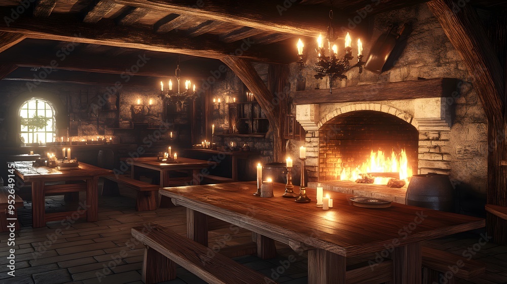 Warm medieval tavern featuring wooden tables and candlelight beside a roaring fireplace Cozy with rich wood tones and soft flickering light detailed 3D rendering Warm medieval tavern featuring wooden tables and candlelight beside a roaring fireplace Cozy with rich wood tones and soft flickering light detailed 3D rendering