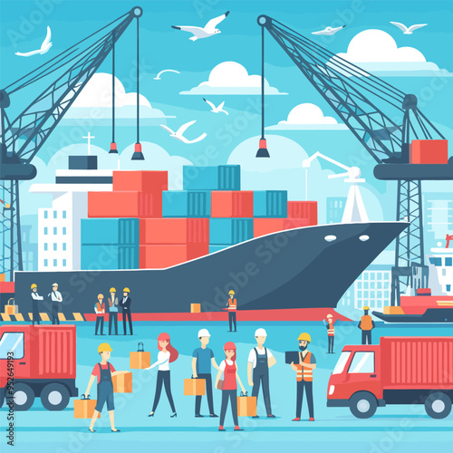 A group of people are standing around a large ship in a harbor. The scene is bustling with activity as people load and unload cargo from the ship. Scene is energetic and busy