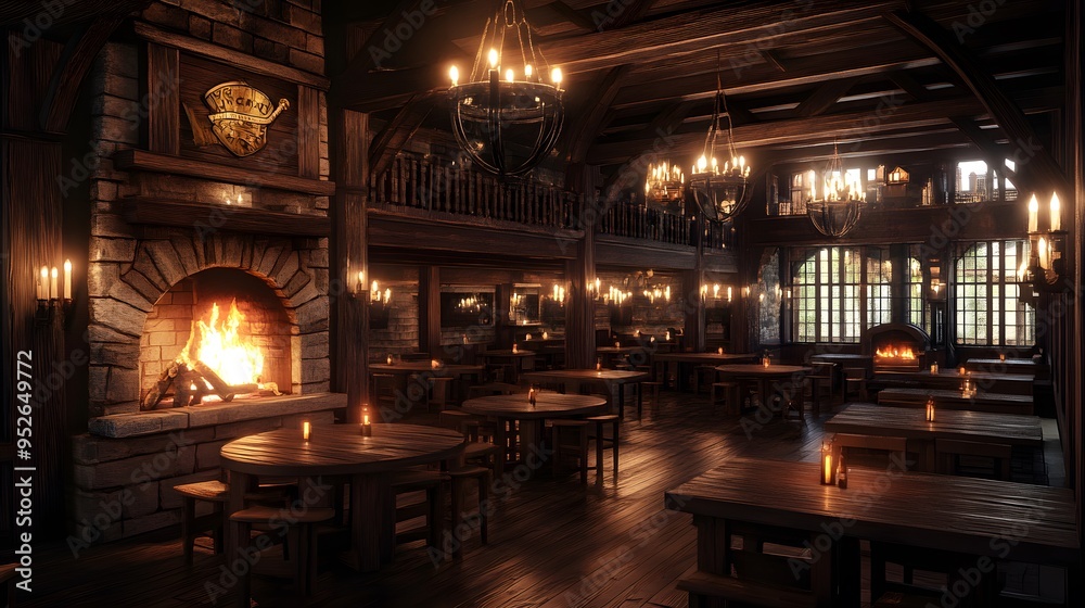 Inviting medieval tavern with a roaring fireplace candle-lit wooden tables Warm with rich wood tones and soft flickering light realistic 3D rendering Inviting medieval tavern with a roaring fireplace candle-lit wooden tables Warm with rich wood tones and soft flickering light realistic 3D rendering
