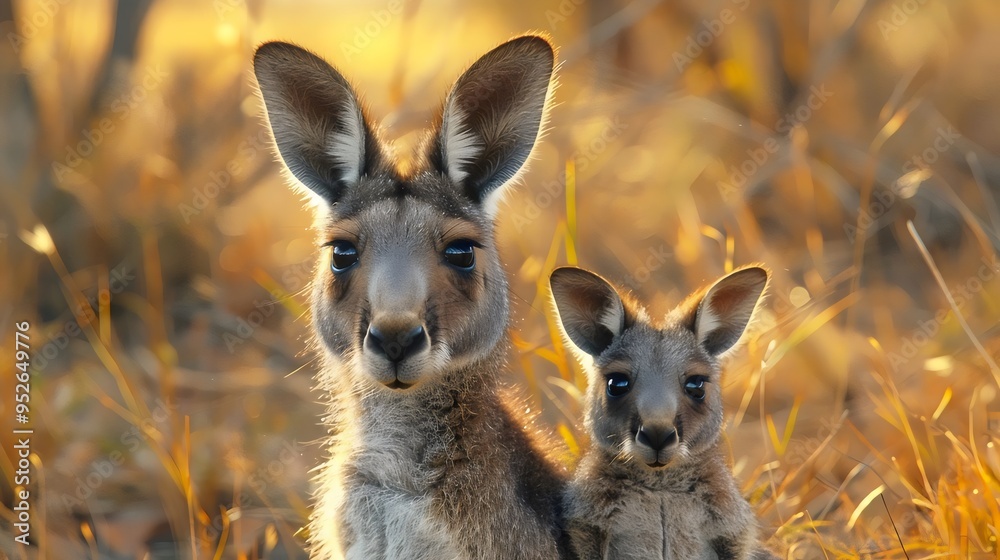 Fototapeta premium A mother and baby kangaroo are standing in a field of tall grass