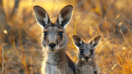 A mother and baby kangaroo are standing in a field of tall grass