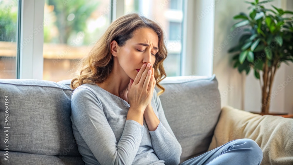 A tired female sits on a couch with her eyes closed, mouth open, and hand covering her mouth, expressing a weary and sleepy morning mood.
