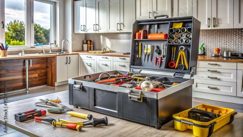 A toolbox lies open on a kitchen counter amidst scattered appliance parts, screws, and wires, as a repair project is underway to fix a broken device. photo