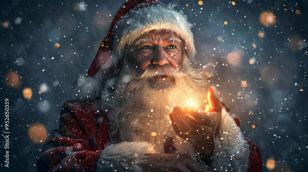 Santa claus holds the magic of christmas on a snowy, enchanting night