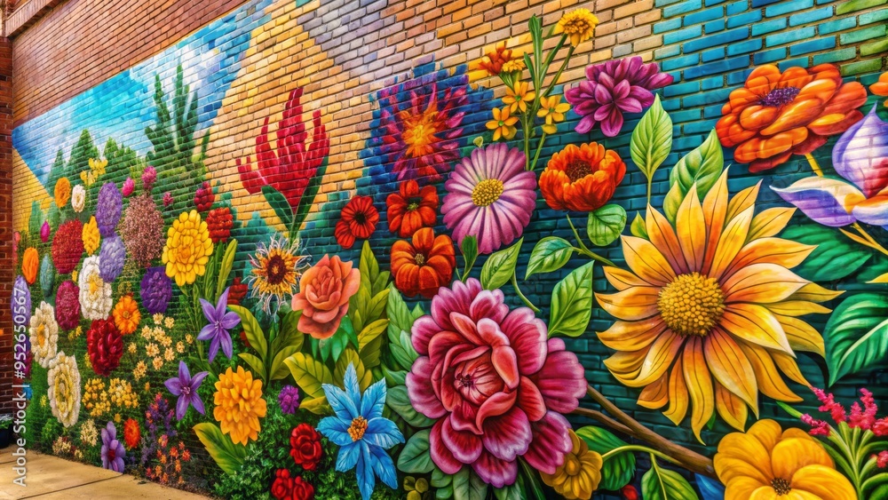 Fototapeta premium A vibrant mural of colorful flowers and leaves adorns a brick wall, blending urban texture with natural beauty in a striking contrast of art and architecture.