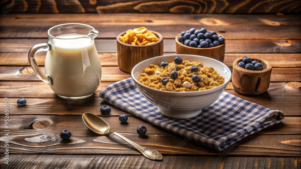 A warm and comforting scene of a traditional breakfast setup with a bowl of cereal, milk, and a spoon, on a worn wooden table. A warm and comforting scene of a traditional breakfast setup with a bowl of cereal, milk, and a spoon, on a worn wooden table.