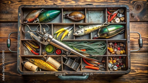 A vintage metal tackle box with rusty hinges and worn lid lies open, revealing a cluttered assortment of lures, hooks, and fishing gear above. photo