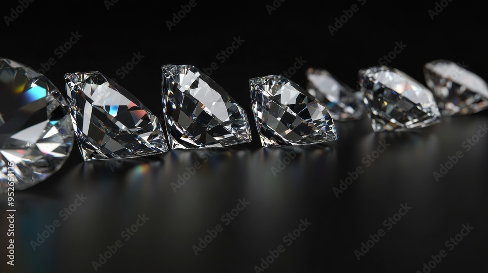 Sparkling Diamonds: A row of perfectly cut diamonds glistens under the spotlight, each facet reflecting the brilliance of their exquisite craftsmanship. This image evokes luxury, value. Sparkling Diamonds: A row of perfectly cut diamonds glistens under the spotlight, each facet reflecting the brilliance of their exquisite craftsmanship. This image evokes luxury, value.