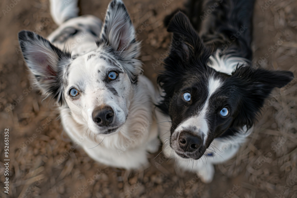 two dogs looking up at the camera two dogs looking up at the camera