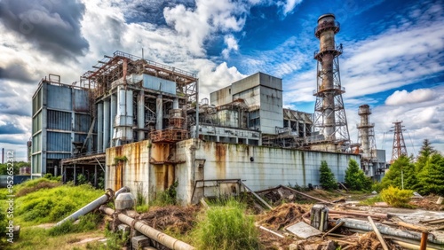 Abandoned Fukushima Daiichi nuclear power plant in Japan with damaged reactors and rusty equipment surrounded by overgrown vegetation and fencing. photo