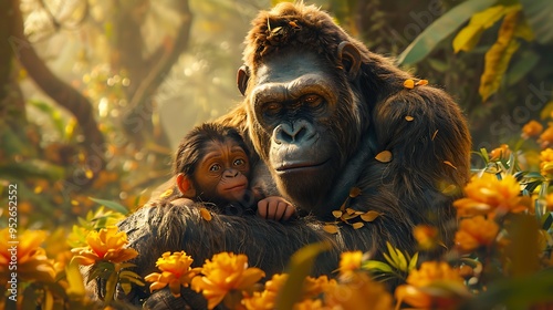 A mother gorilla cradles her baby in a lush jungle setting, surrounded by vibrant yellow flowers.