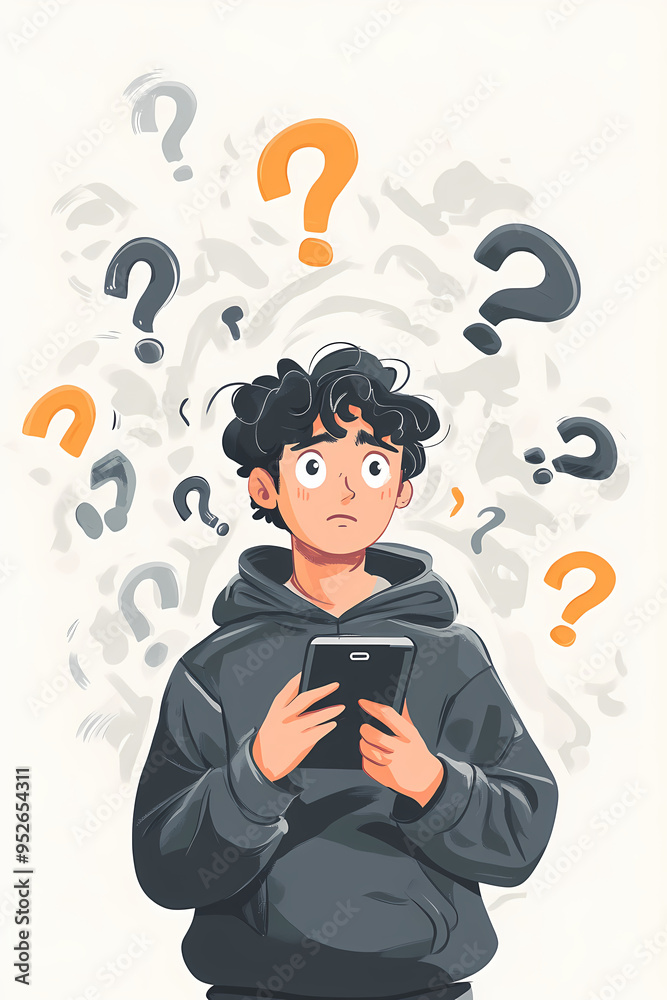 Illustration of a person holding a smartphone surrounded by question marks, symbolizing confusion, uncertainty, and seeking answers in a digital context with colorful design Illustration of a person holding a smartphone surrounded by question marks, symbolizing confusion, uncertainty, and seeking answers in a digital context with colorful design