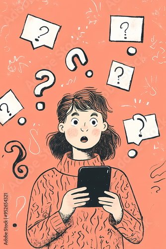 Illustration of a person holding a smartphone surrounded by question marks, symbolizing confusion, uncertainty, and seeking answers in a digital context with colorful design photo