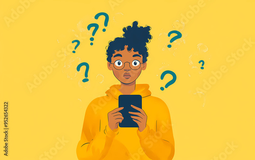 Illustration of a person holding a smartphone surrounded by question marks, symbolizing confusion, uncertainty, and seeking answers in a digital context with colorful design photo