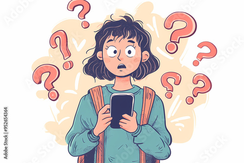 Illustration of a person holding a smartphone surrounded by question marks, symbolizing confusion, uncertainty, and seeking answers in a digital context with colorful design photo