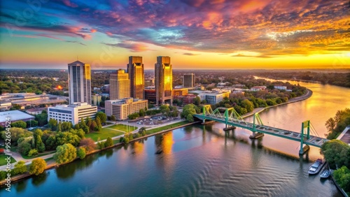 Aerial view of the vibrant West Sacramento skyline at sunset, with the Sacramento River flowing beneath the Tower Bridge and modern architecture. photo