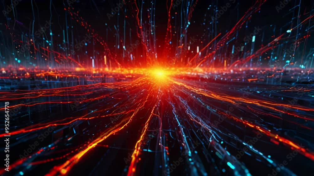 Lightning background Sparkling red neon light streaks explode in an electric energy style that has a reflective effect, perfect for futuristic or abstract design projects that need an energetic feel.
