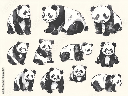 Set of various panda illustration on white. AI generated