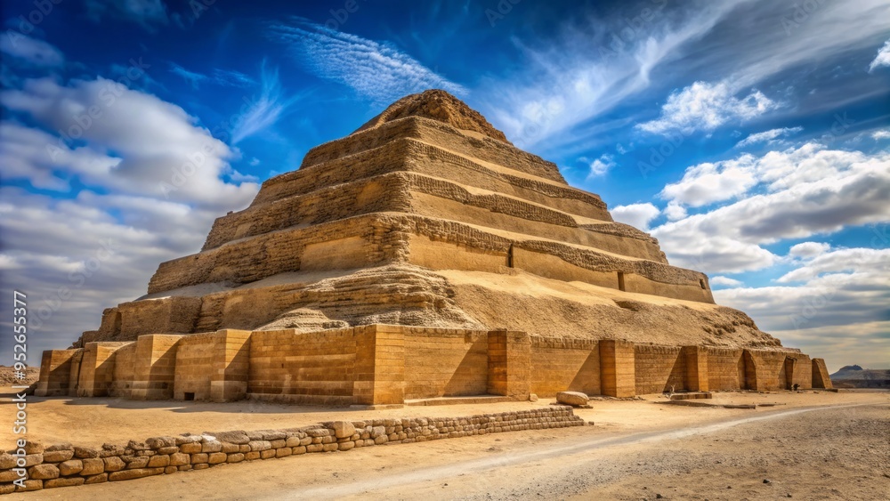 Ancient stone pyramid of Djoser rises majestically from the Egyptian desert, its stepped layers and precision-cut chambers a testament to pharaonic engineering marvel. Ancient stone pyramid of Djoser rises majestically from the Egyptian desert, its stepped layers and precision-cut chambers a testament to pharaonic engineering marvel.