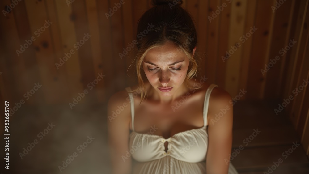 Fototapeta premium Maternity Photo of a Pregnant Woman Relaxing in a Steamy Wooden Sauna
