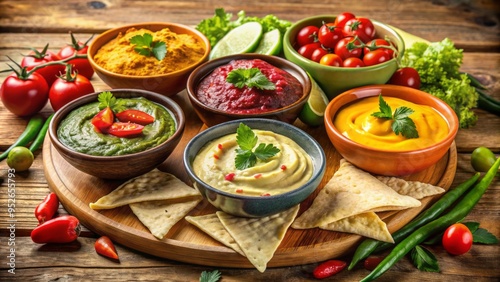 Assorted colorful dips, including hummus, guacamole, and salsa, served with crispy tortilla chips, pita bread, and fresh vegetables on a rustic wooden table.