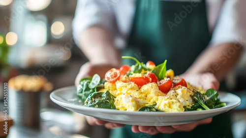 Hands present a plate of scrambled eggs with spinach and tomatoes, brain-boosting meal, nutritious and easy.