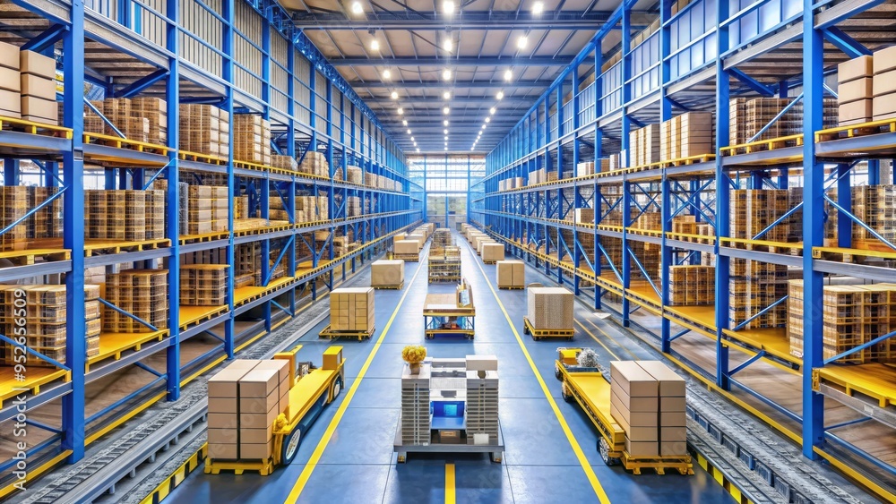 Automated warehouse with rows of shelves, robots, and conveyor belts, showcasing efficient and modern technology for streamlined supply chain management and inventory control. Automated warehouse with rows of shelves, robots, and conveyor belts, showcasing efficient and modern technology for streamlined supply chain management and inventory control.