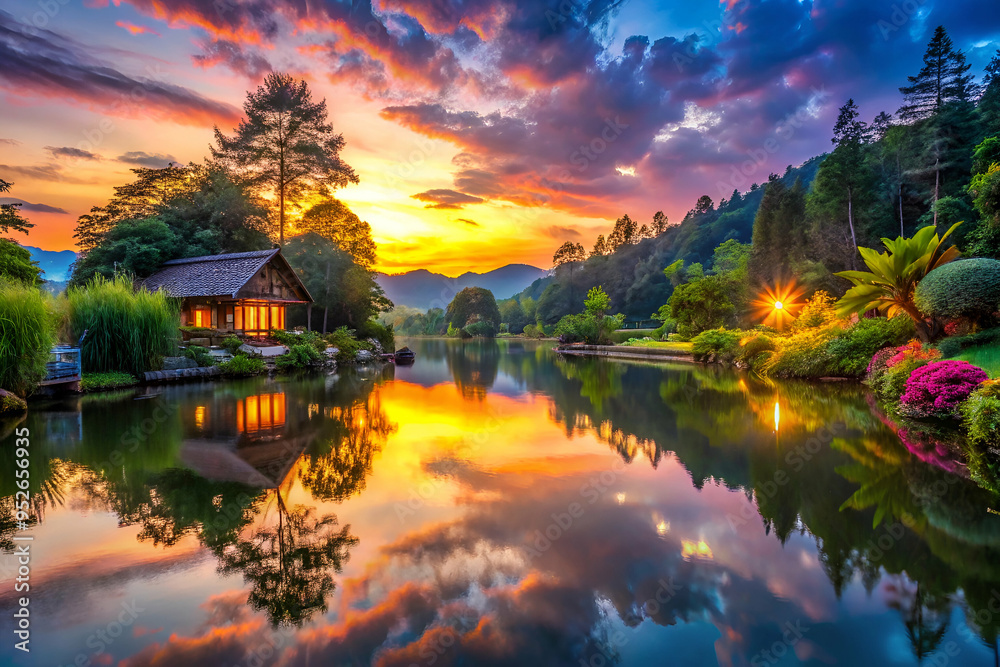 Obraz premium A beautiful lake with a house in the background. The sky is orange and pink, creating a serene and peaceful atmosphere