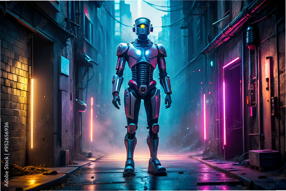 A robot stands in a dark alleyway with neon lights surrounding it. The ...