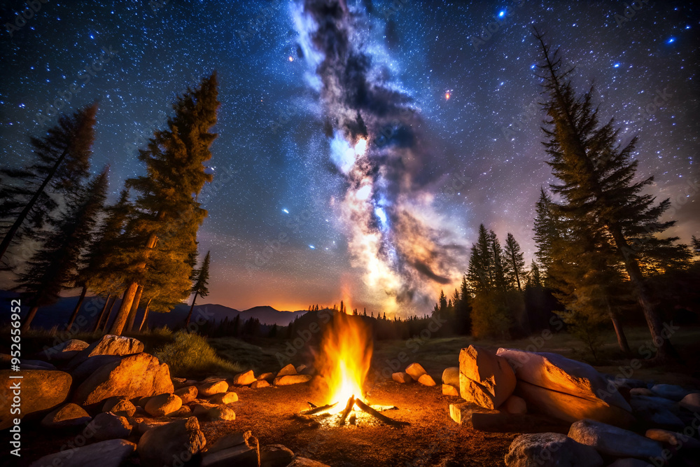 A campfire is lit in front of a large tree with a starry sky above. The scene is peaceful and serene, with the warmth of the fire and the beauty of the stars creating a sense of calm and relaxation