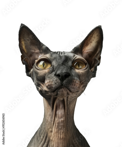 Black mottled sphynx cat head isolated on transparent background, png cutout.  photo