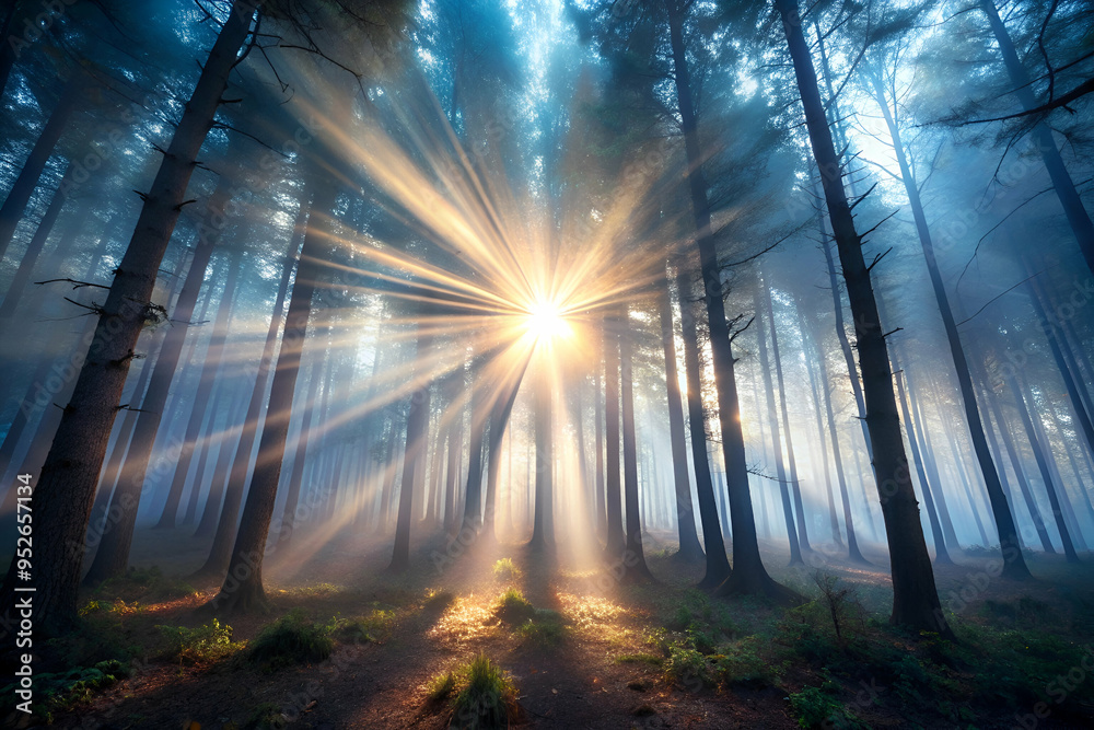 Obraz premium A forest with a sun shining through the trees