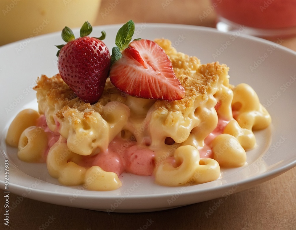 A close-up of a creamy mac and cheese dish topped with two fresh strawberries. A close-up of a creamy mac and cheese dish topped with two fresh strawberries.