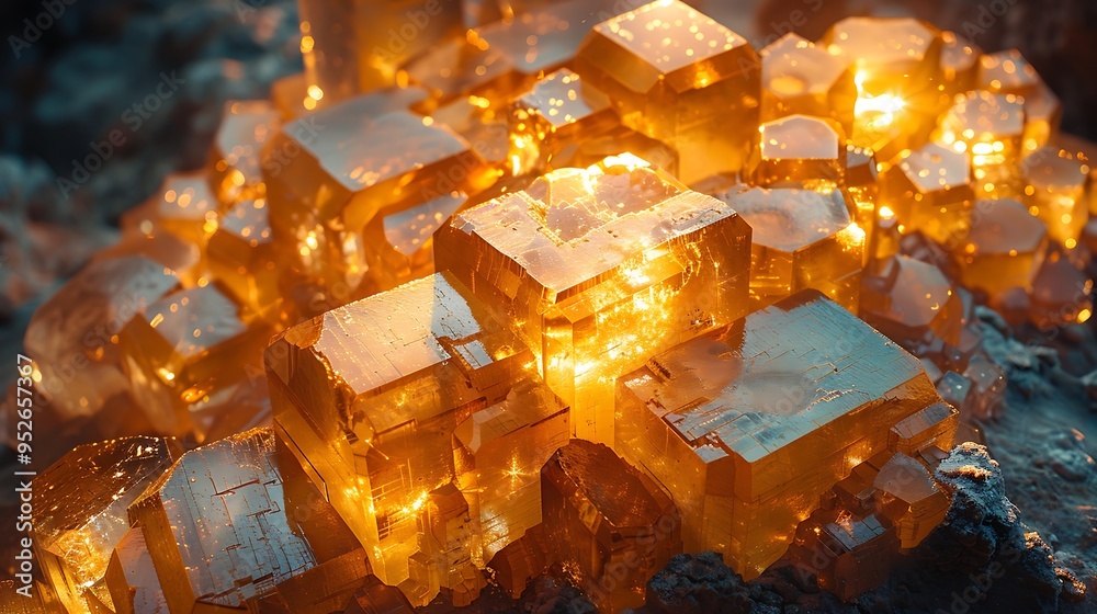 Close-up of a cluster of glowing amber crystals. Close-up of a cluster of glowing amber crystals.