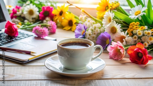 Brightly lit coffee cup on a tidy desk surrounded by fresh flowers, symbolizing a productive and refreshing start to the week. photo