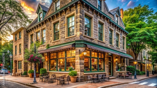 Charming historic corner building with ornate stonework and large windows serves as a cozy coffee house, inviting patrons to relax and unwind.