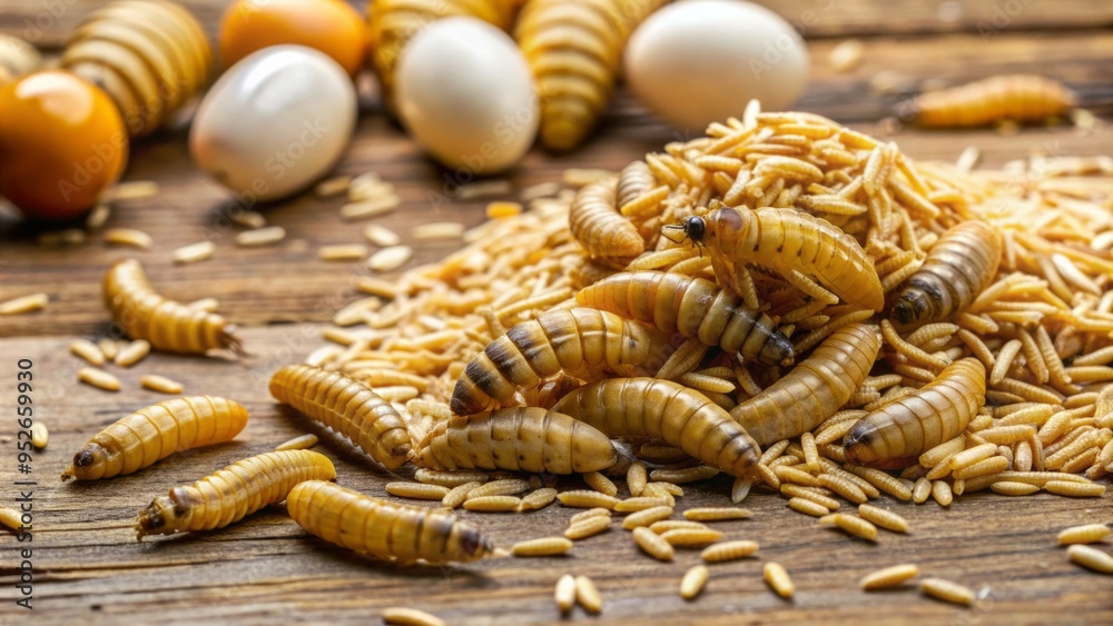 Close-up of mealworms crawling on a wooden surface, showcasing their yellowish-white bodies and brown heads, surrounded by scattered oats and a few stray eggs. Close-up of mealworms crawling on a wooden surface, showcasing their yellowish-white bodies and brown heads, surrounded by scattered oats and a few stray eggs.