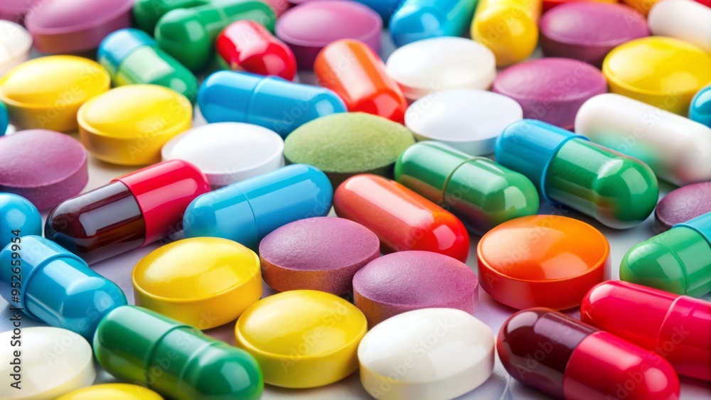 Close-up of various colored coated tablets arranged on a white background, showcasing different shapes and sizes in a pharmaceutical or medicinal context. Close-up of various colored coated tablets arranged on a white background, showcasing different shapes and sizes in a pharmaceutical or medicinal context.