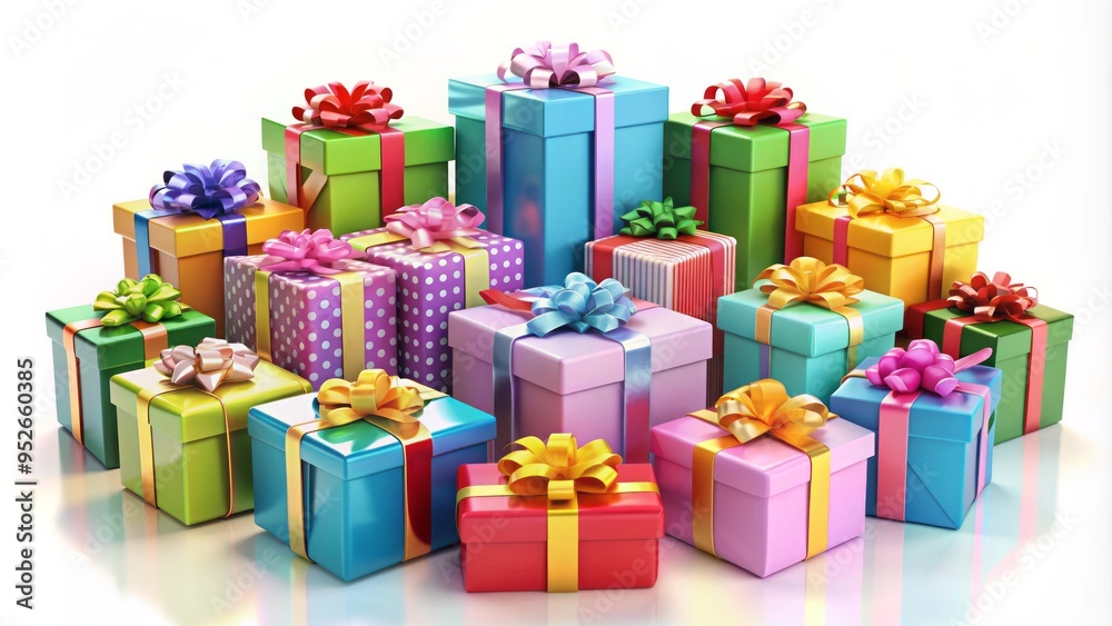 Colorful 3D gift boxes in various shapes and sizes, wrapped with ribbons and bows, arranged artfully on a white background, conveying celebration and joy. Colorful 3D gift boxes in various shapes and sizes, wrapped with ribbons and bows, arranged artfully on a white background, conveying celebration and joy.