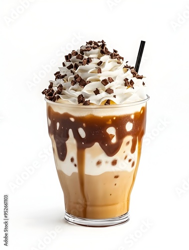 Chilled Frappuccino Drink with Whipped Cream Chocolate and Caramel in Glass Cup on White Background