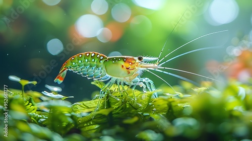 A vibrant, colorful shrimp with green, red, and white markings crawls on green plants. photo