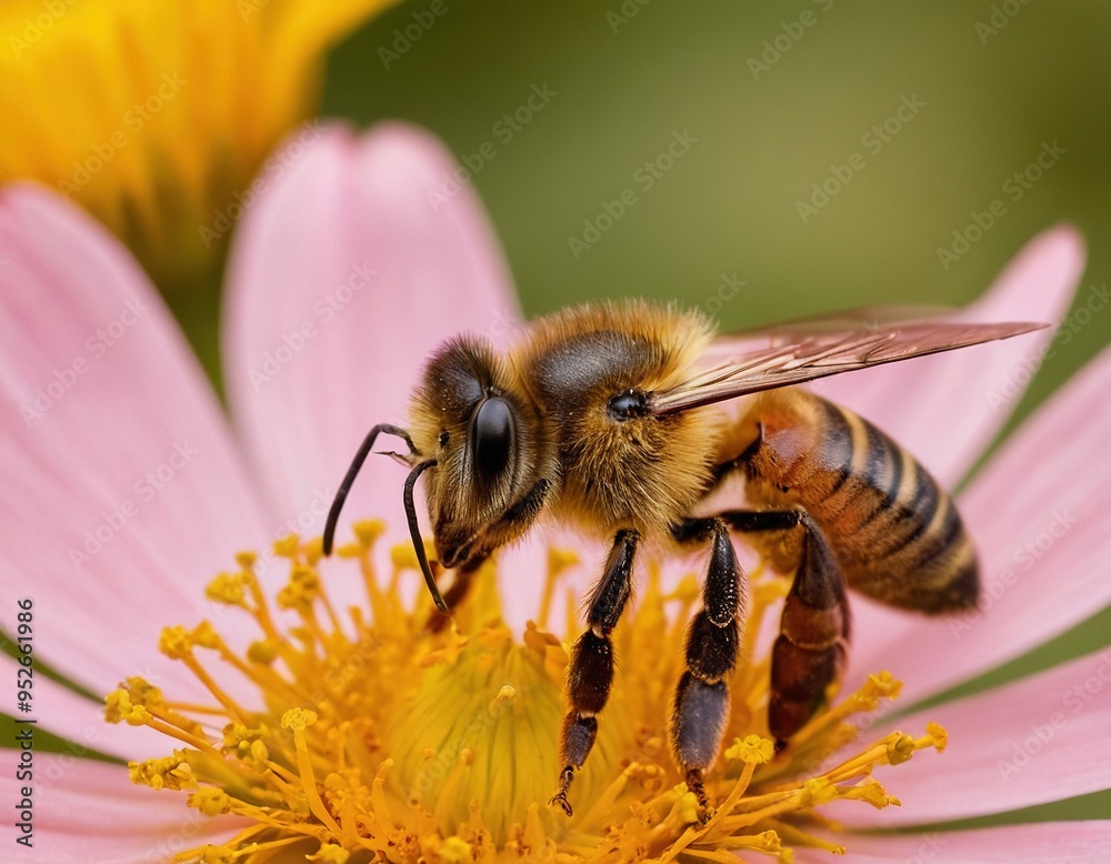 A close-up of a honeybee collecting nectar from a pink flower. A close-up of a honeybee collecting nectar from a pink flower.