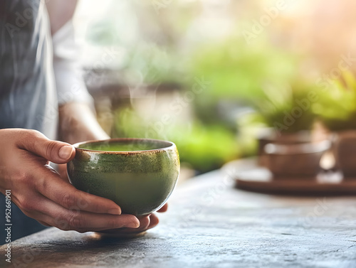 Hands present a ceramic cup of freshly brewed green tea photo