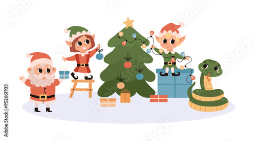 Happy New Year 2025. Cute green snake. Elves decorate Christmas tree with ornaments and light bulbs. Santa Claus helper. Kawaii characters. Banner. Vector illustration isolated on white background.