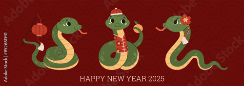 Happy Chinese New Year 2025. Horizontal banner. Cute green snakes with tangerine and red paper lantern. Zodiac animal. Lunar new year concept. Cartoon style. Kawaii characters. Vector illustration.