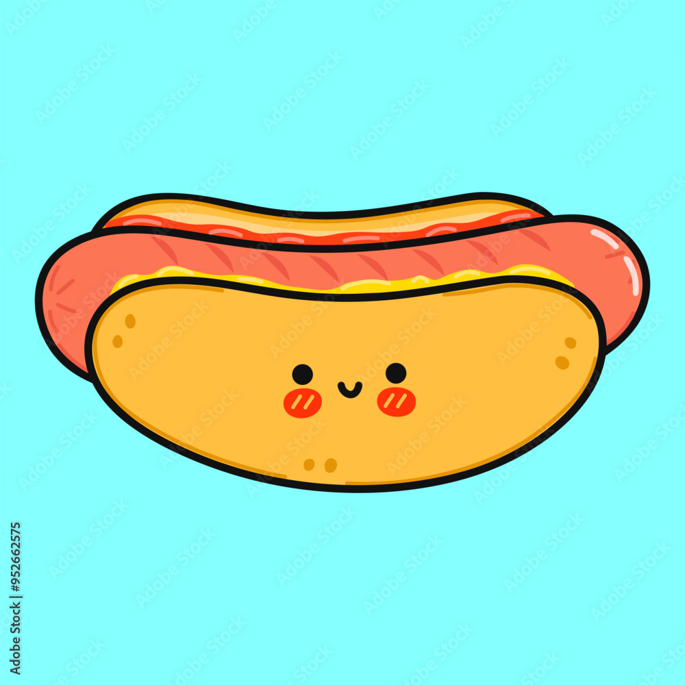 Hot dog character. Vector hand drawn cartoon kawaii character illustration icon. Isolated on blue background. Hot dog character concept Hot dog character. Vector hand drawn cartoon kawaii character illustration icon. Isolated on blue background. Hot dog character concept