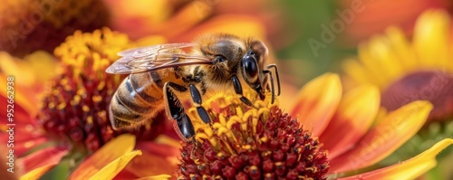 bee (apis mellifera) on helenium flowers - close up photo